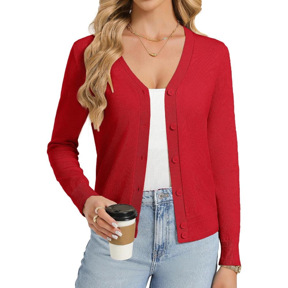 imageGRACE KARIN Womens Lightweight Cardigan Sweaters Trendy Button Up VNeck Knit Cardigans Shrug Spring Fashion ClothesRed