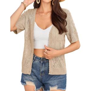 GRACE KARIN Short Sleeve Cardigan for Women Lightweight Summer Crochet Cropped Sweaters Button Open Front Knit Shrugs 2026(Apricot)