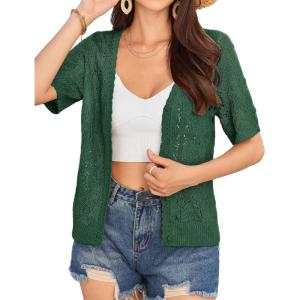 GRACE KARIN Short Sleeve Cardigan for Women Lightweight Summer Crochet Cropped Sweaters Button Open Front Knit Shrugs 2026(Dark Green)