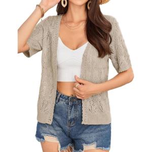 GRACE KARIN Short Sleeve Cardigan for Women Lightweight Summer Crochet Cropped Sweaters Button Open Front Knit Shrugs 2026(Grey Apricot)