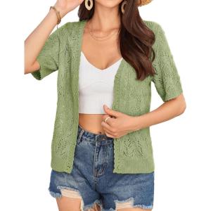 GRACE KARIN Short Sleeve Cardigan for Women Lightweight Summer Crochet Cropped Sweaters Button Open Front Knit Shrugs 2026(Light Green)