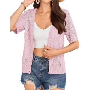 GRACE KARIN Short Sleeve Cardigan for Women Lightweight Summer Crochet Cropped Sweaters Button Open Front Knit Shrugs 2026(Light Pink)