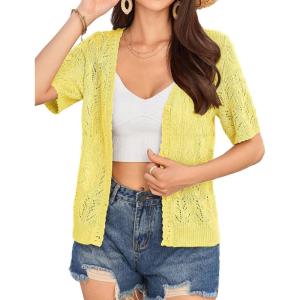 GRACE KARIN Short Sleeve Cardigan for Women Lightweight Summer Crochet Cropped Sweaters Button Open Front Knit Shrugs 2026(Yellow)