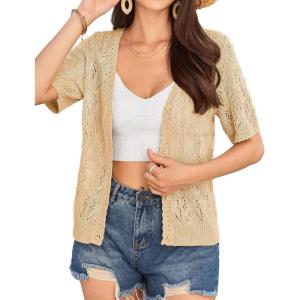 GRACE KARIN Short Sleeve Cardigan for Women Lightweight Summer Crochet Cropped Sweaters Button Open Front Knit Shrugs 2026(Yellow Apricot)