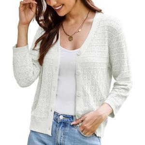 GRACE KARIN Women Lightweigt Cardigan, 2026 Spring 3/4 Sleeve Crochet Sweaters, Summer Cropped Knit Trendy Shrug Tops(Ivory White)