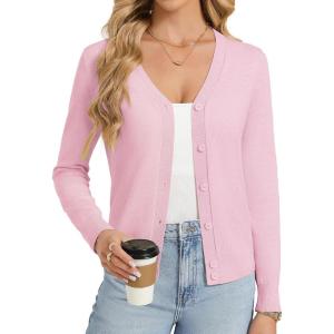 GRACE KARIN Womens Lightweight Cardigan Sweaters Trendy Button Up V-Neck Knit Cardigans Shrug Spring Fashion Clothes(Pink)