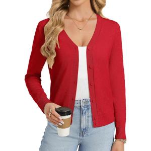 GRACE KARIN Womens Lightweight Cardigan Sweaters Trendy Button Up V-Neck Knit Cardigans Shrug Spring Fashion Clothes(Red)