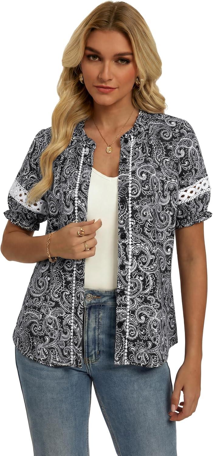 imageGRACE KARIN Women Boho Floral Tops Summer Short Eyelet Sleeve Dressy Casual Shirts Spring Button Down Blouse 2026 TrendyBlack