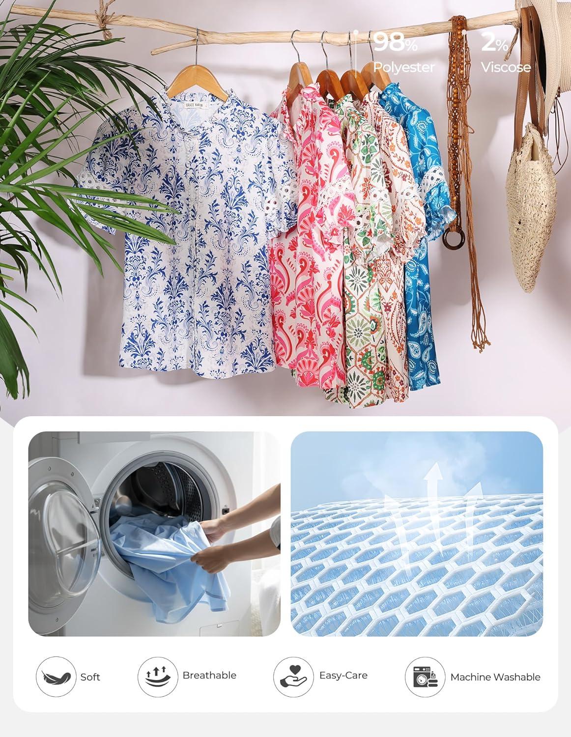 imageGRACE KARIN Women Boho Floral Tops Summer Short Eyelet Sleeve Dressy Casual Shirts Spring Button Down Blouse 2026 TrendyBlack