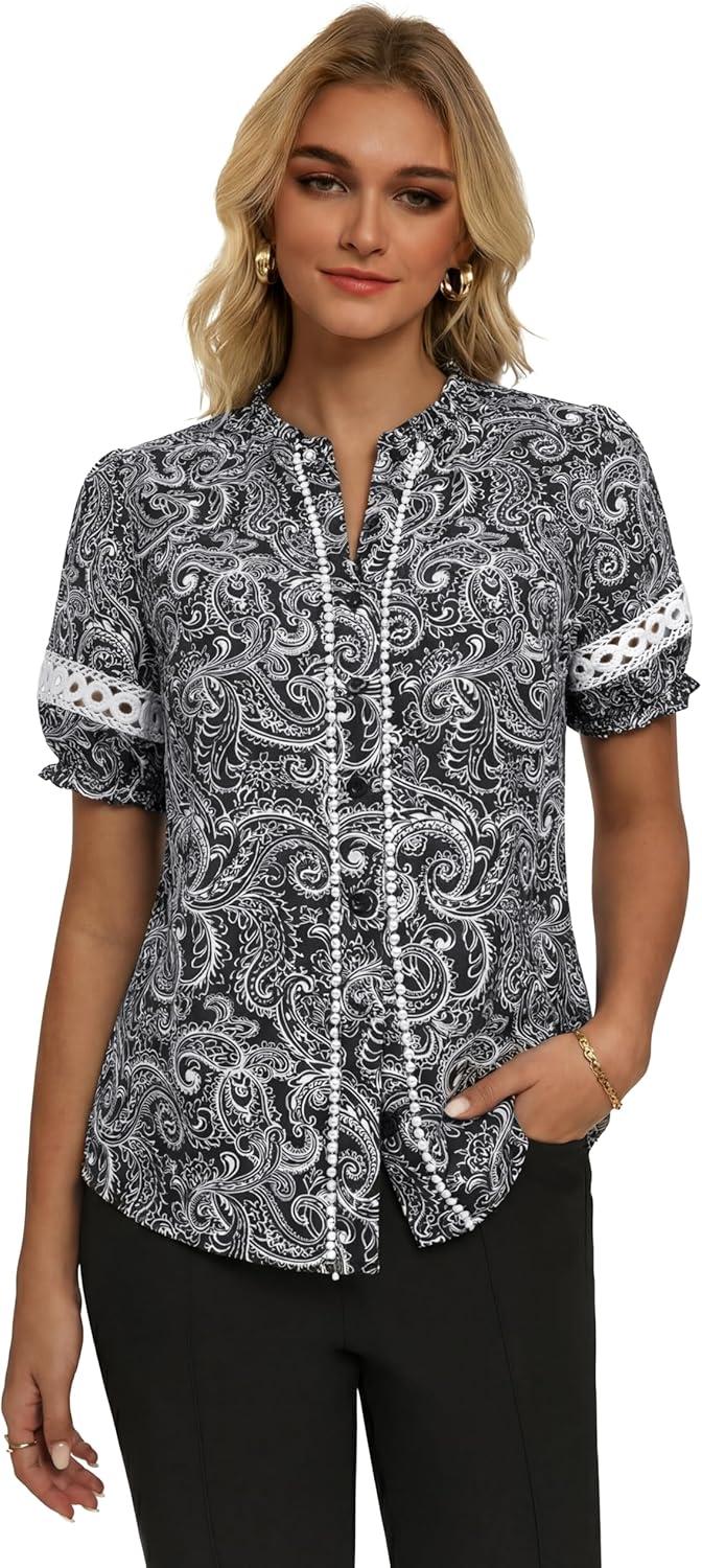 imageGRACE KARIN Women Boho Floral Tops Summer Short Eyelet Sleeve Dressy Casual Shirts Spring Button Down Blouse 2026 TrendyBlack