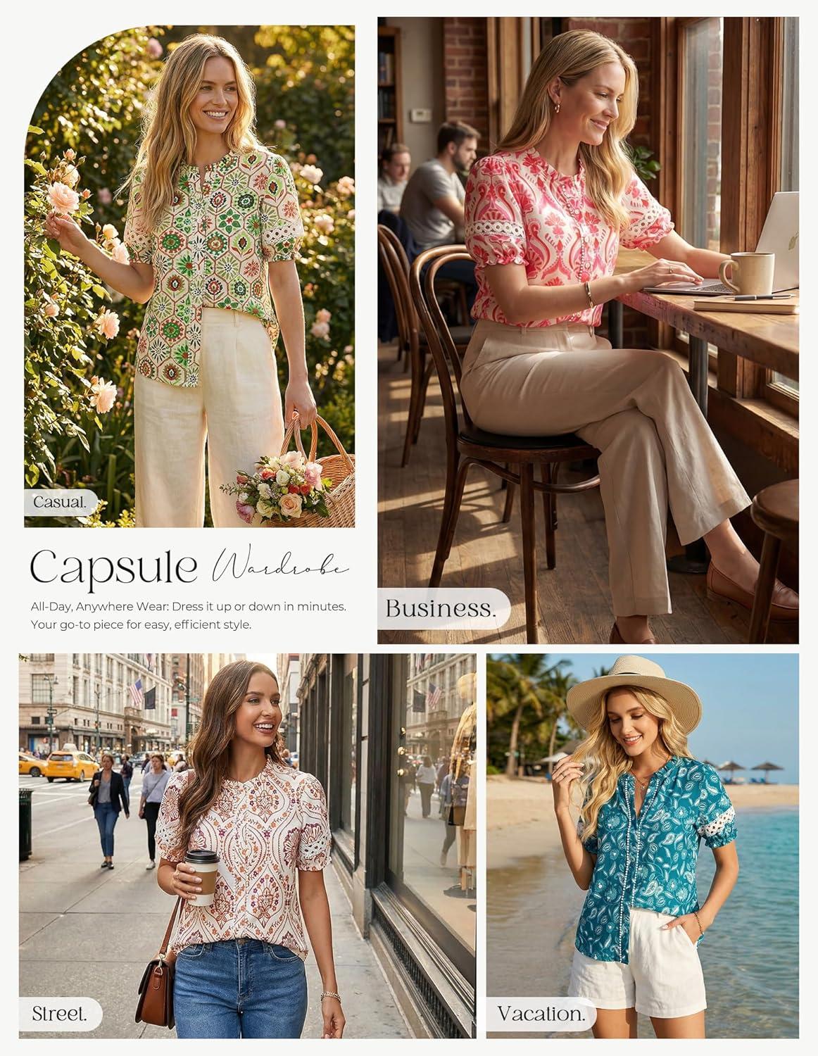imageGRACE KARIN Women Boho Floral Tops Summer Short Eyelet Sleeve Dressy Casual Shirts Spring Button Down Blouse 2026 TrendyLight Green