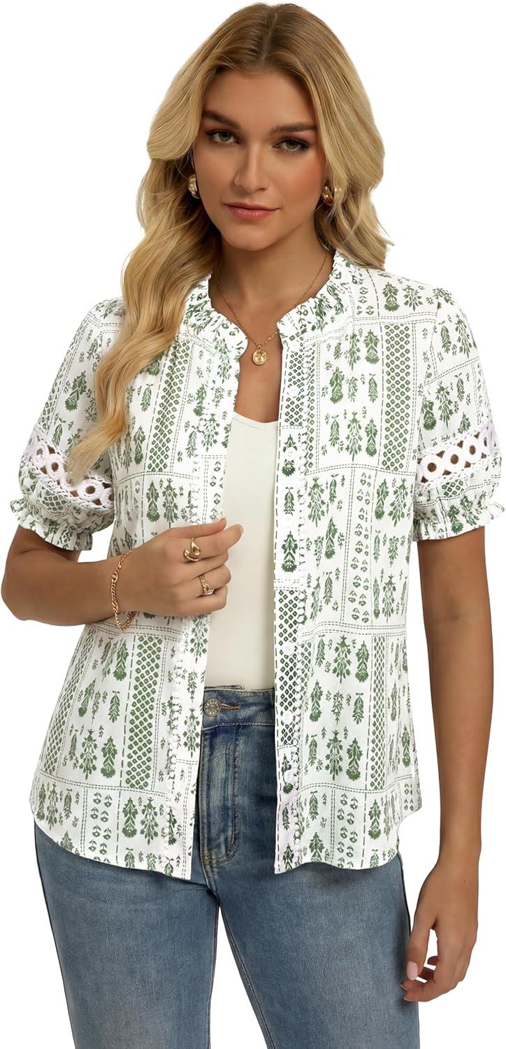 imageGRACE KARIN Women Boho Floral Tops Summer Short Eyelet Sleeve Dressy Casual Shirts Spring Button Down Blouse 2026 TrendyLight Green