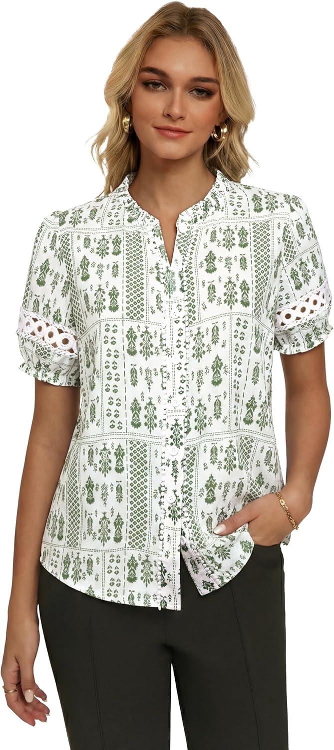 imageGRACE KARIN Women Boho Floral Tops Summer Short Eyelet Sleeve Dressy Casual Shirts Spring Button Down Blouse 2026 TrendyLight Green