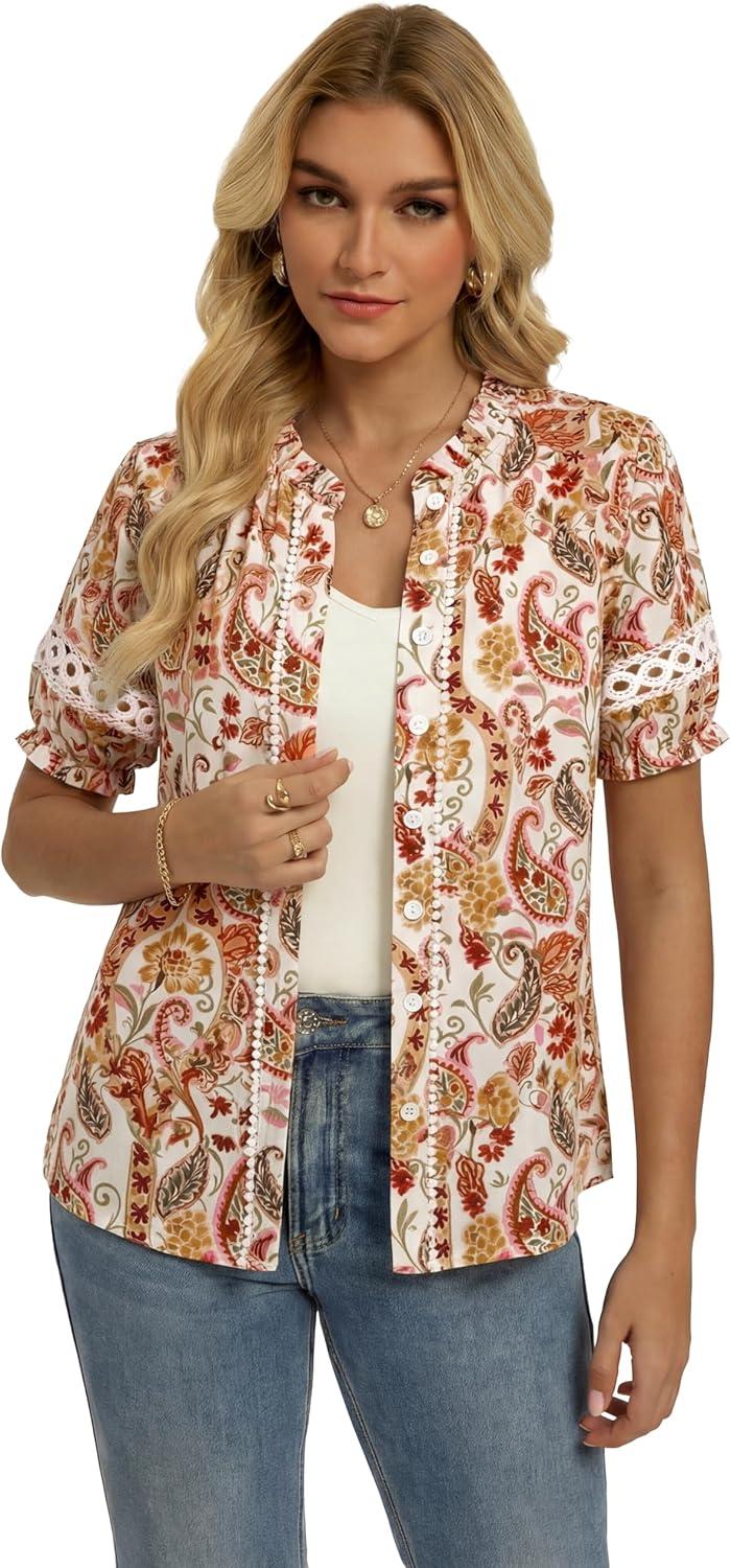 imageGRACE KARIN Women Boho Floral Tops Summer Short Eyelet Sleeve Dressy Casual Shirts Spring Button Down Blouse 2026 TrendyRed Orange