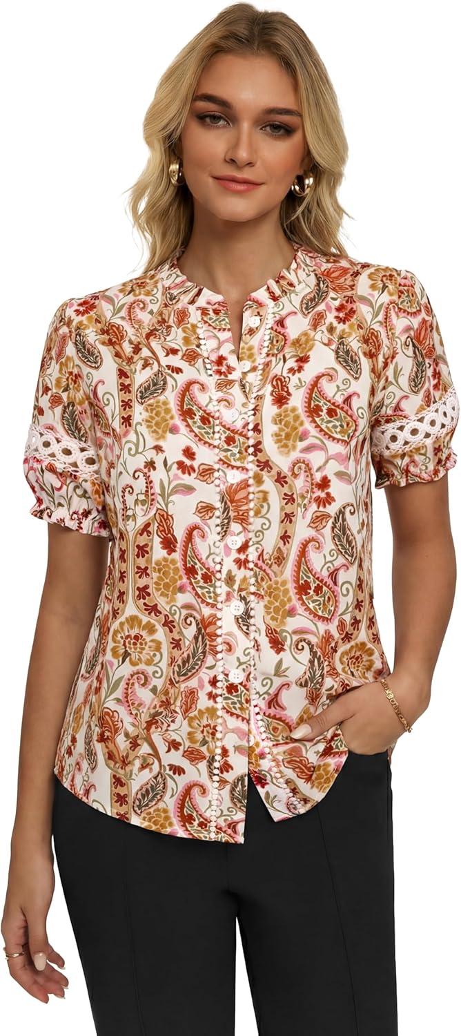imageGRACE KARIN Women Boho Floral Tops Summer Short Eyelet Sleeve Dressy Casual Shirts Spring Button Down Blouse 2026 TrendyRed Orange