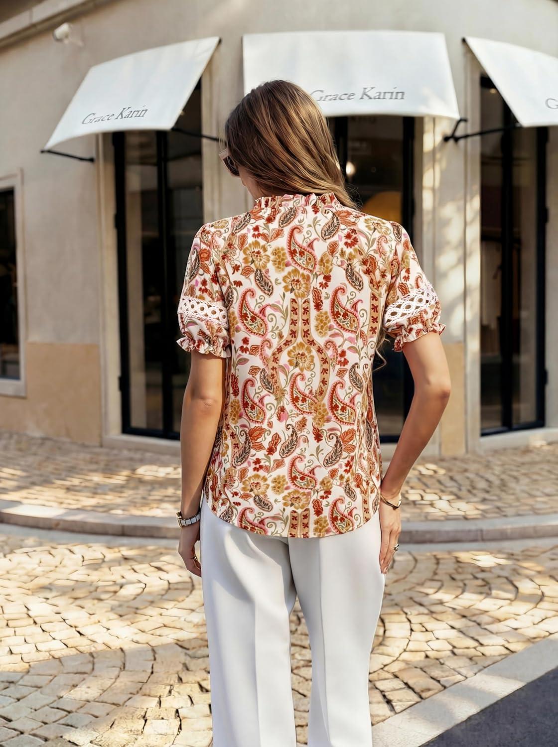 imageGRACE KARIN Women Boho Floral Tops Summer Short Eyelet Sleeve Dressy Casual Shirts Spring Button Down Blouse 2026 TrendyRed Orange