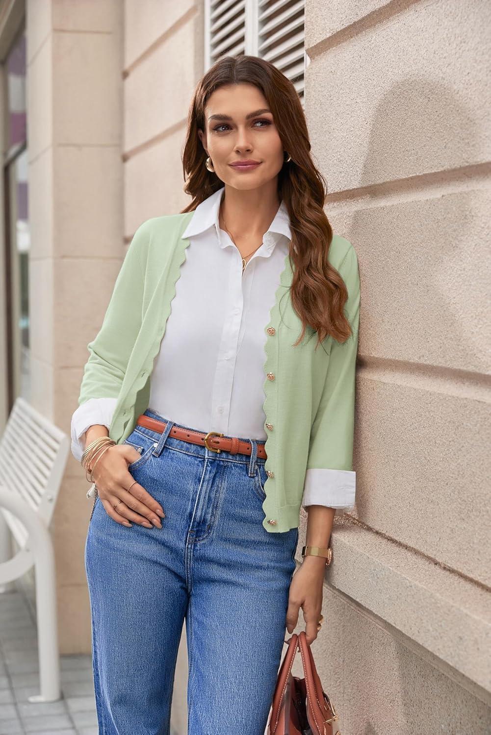 imageGRACE KARIN Womens 34 Sleeve V Neck Button Down Lightweight Cardigan Sweater Open Front Dressy Shrugs Spring FashionBean Green