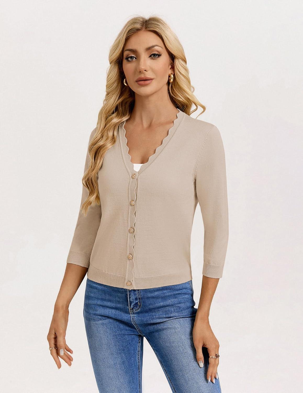 imageGRACE KARIN Womens 34 Sleeve V Neck Button Down Lightweight Cardigan Sweater Open Front Dressy Shrugs Spring FashionBeige