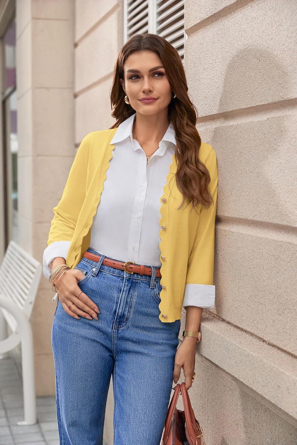 imageGRACE KARIN Womens 34 Sleeve V Neck Button Down Lightweight Cardigan Sweater Open Front Dressy Shrugs Spring FashionBright Yellow