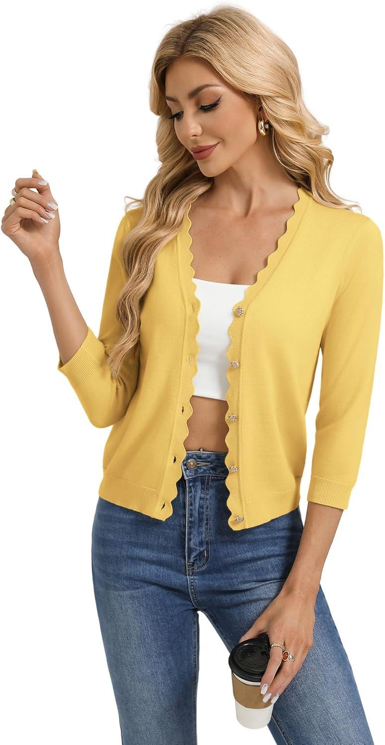 imageGRACE KARIN Womens 34 Sleeve V Neck Button Down Lightweight Cardigan Sweater Open Front Dressy Shrugs Spring FashionBright Yellow
