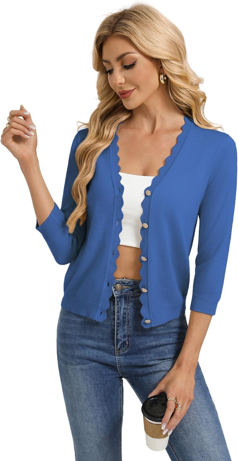 imageGRACE KARIN Womens 34 Sleeve V Neck Button Down Lightweight Cardigan Sweater Open Front Dressy Shrugs Spring FashionDenim Blue