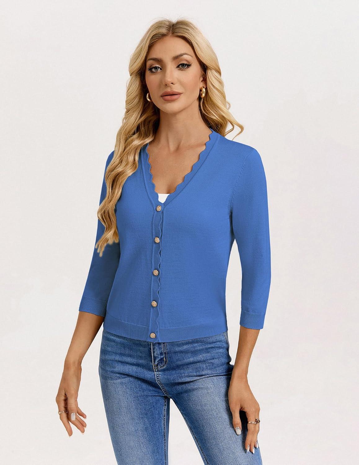 imageGRACE KARIN Womens 34 Sleeve V Neck Button Down Lightweight Cardigan Sweater Open Front Dressy Shrugs Spring FashionDenim Blue