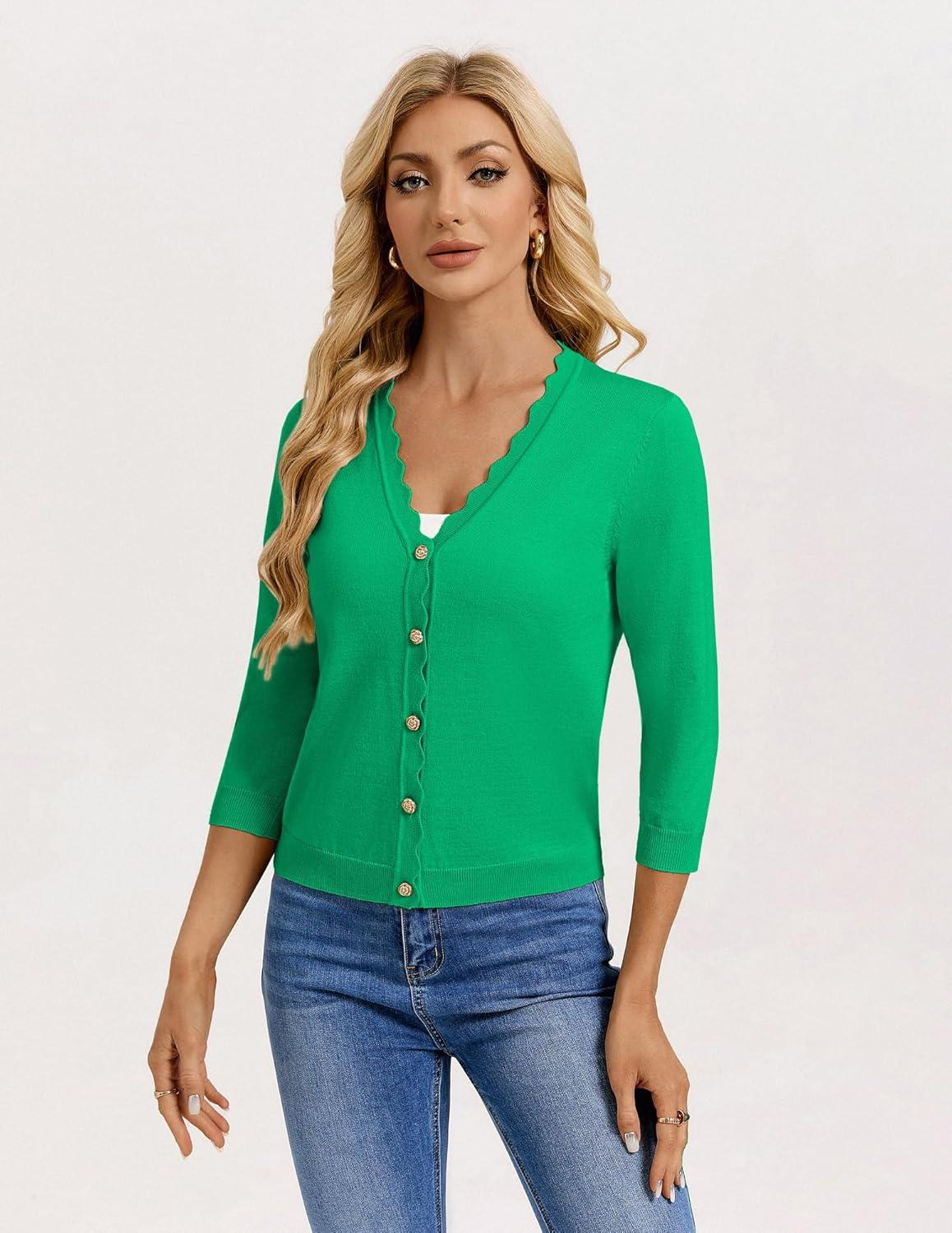 imageGRACE KARIN Womens 34 Sleeve V Neck Button Down Lightweight Cardigan Sweater Open Front Dressy Shrugs Spring FashionGreen