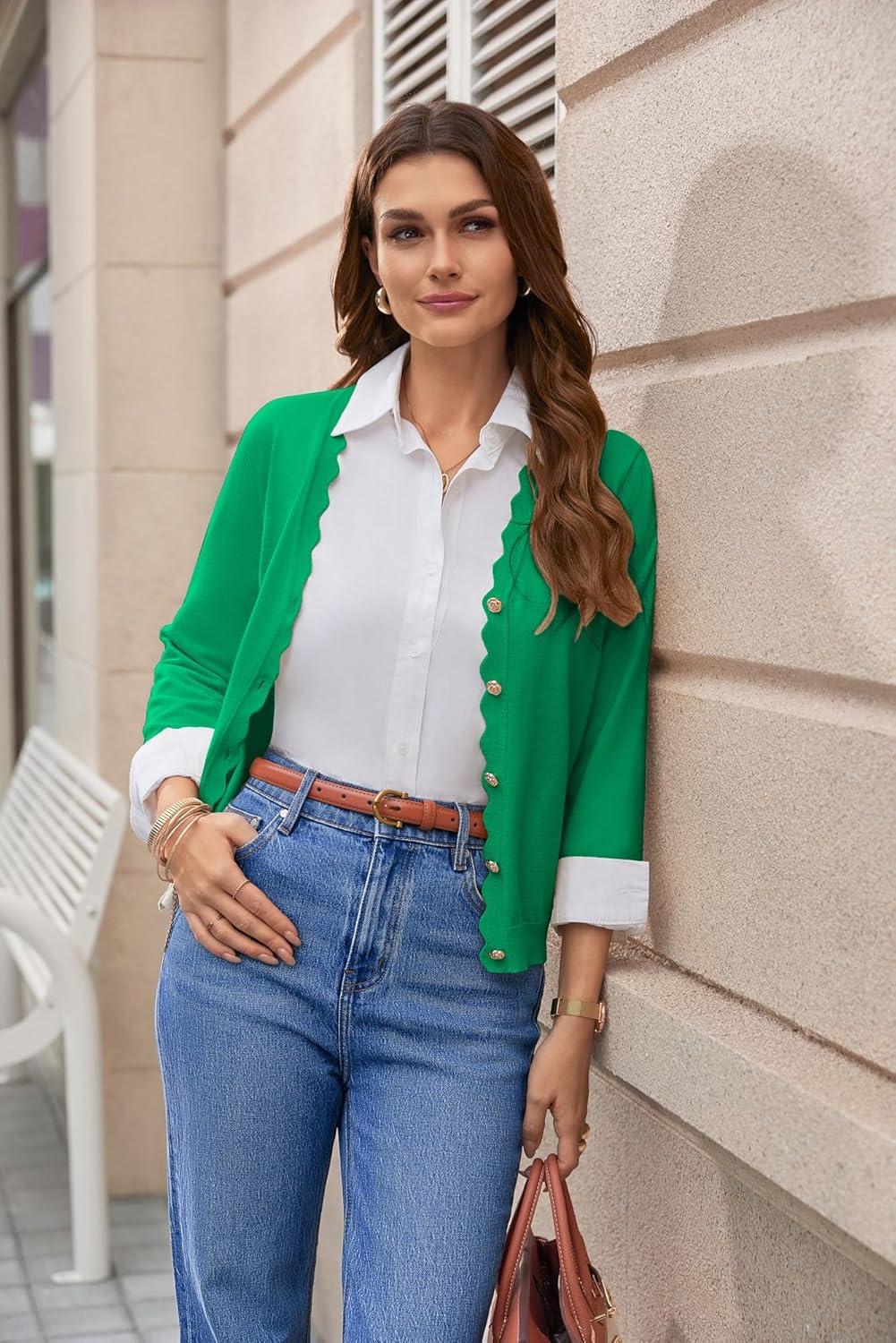 imageGRACE KARIN Womens 34 Sleeve V Neck Button Down Lightweight Cardigan Sweater Open Front Dressy Shrugs Spring FashionGreen