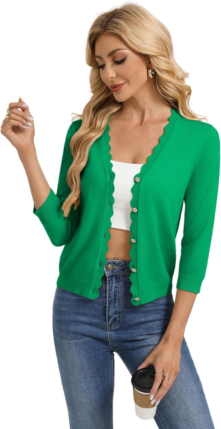 imageGRACE KARIN Womens 34 Sleeve V Neck Button Down Lightweight Cardigan Sweater Open Front Dressy Shrugs Spring FashionGreen