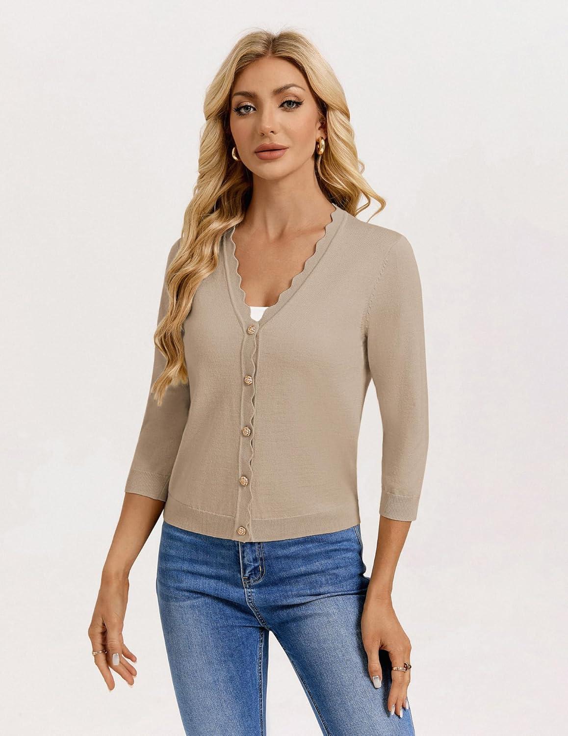 imageGRACE KARIN Womens 34 Sleeve V Neck Button Down Lightweight Cardigan Sweater Open Front Dressy Shrugs Spring FashionKhaki
