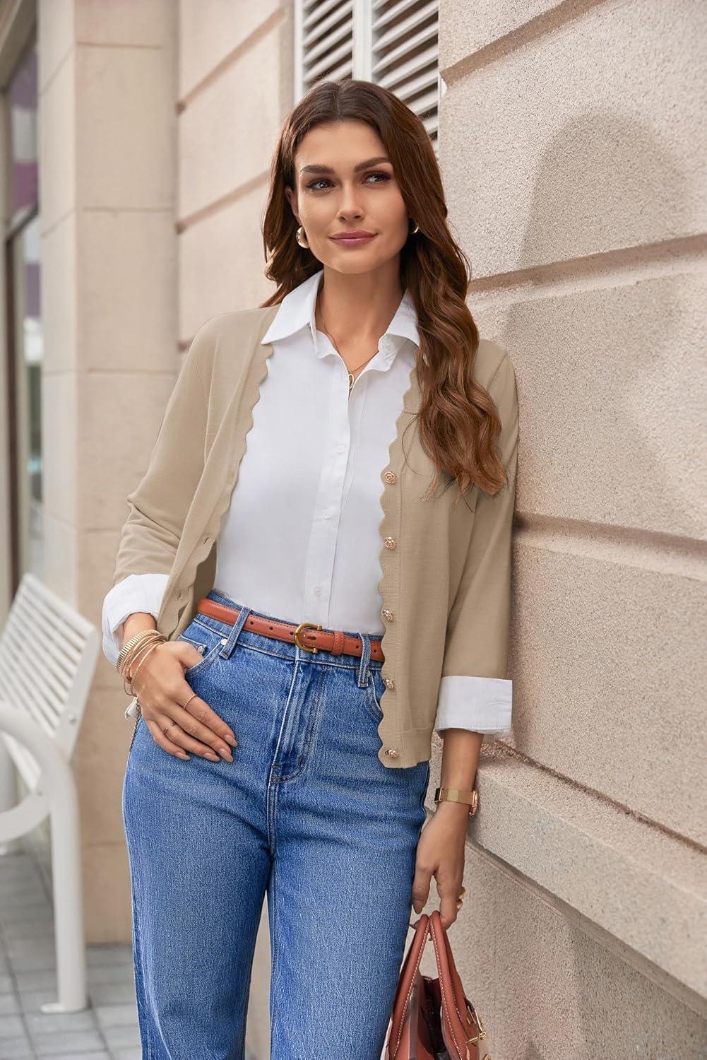 imageGRACE KARIN Womens 34 Sleeve V Neck Button Down Lightweight Cardigan Sweater Open Front Dressy Shrugs Spring FashionKhaki