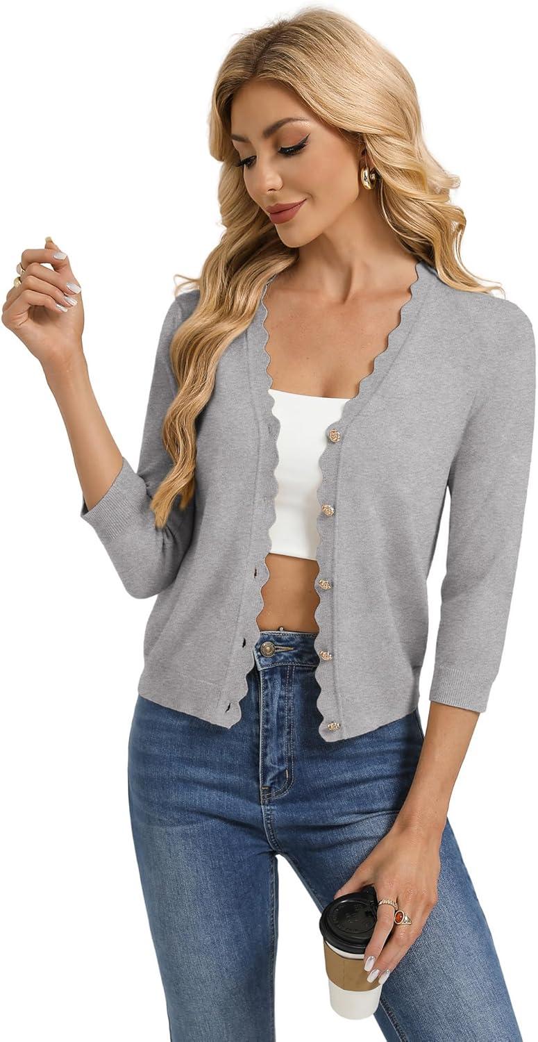 imageGRACE KARIN Womens 34 Sleeve V Neck Button Down Lightweight Cardigan Sweater Open Front Dressy Shrugs Spring FashionLight Gray