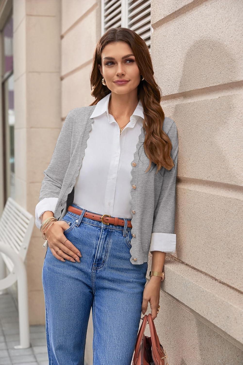 imageGRACE KARIN Womens 34 Sleeve V Neck Button Down Lightweight Cardigan Sweater Open Front Dressy Shrugs Spring FashionLight Gray