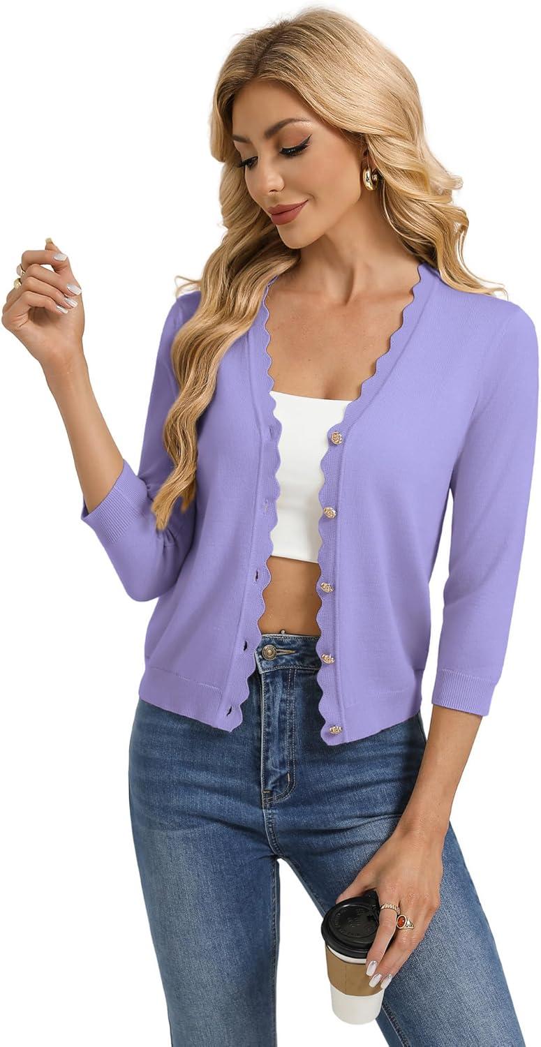 imageGRACE KARIN Womens 34 Sleeve V Neck Button Down Lightweight Cardigan Sweater Open Front Dressy Shrugs Spring FashionPurple