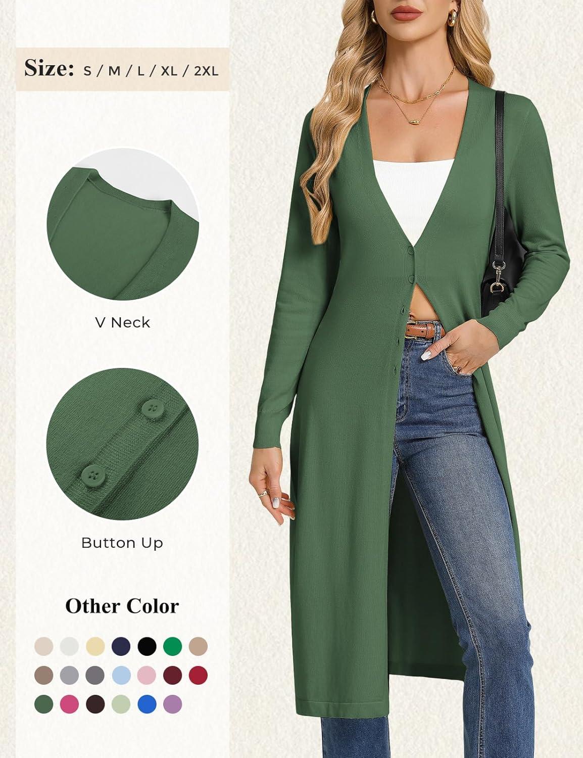 imageGRACE KARIN Womens Long Cardigan Trendy Lightweight Knit Dusters Coat V Neck Button Up Sweater Maxi DressArmy Green