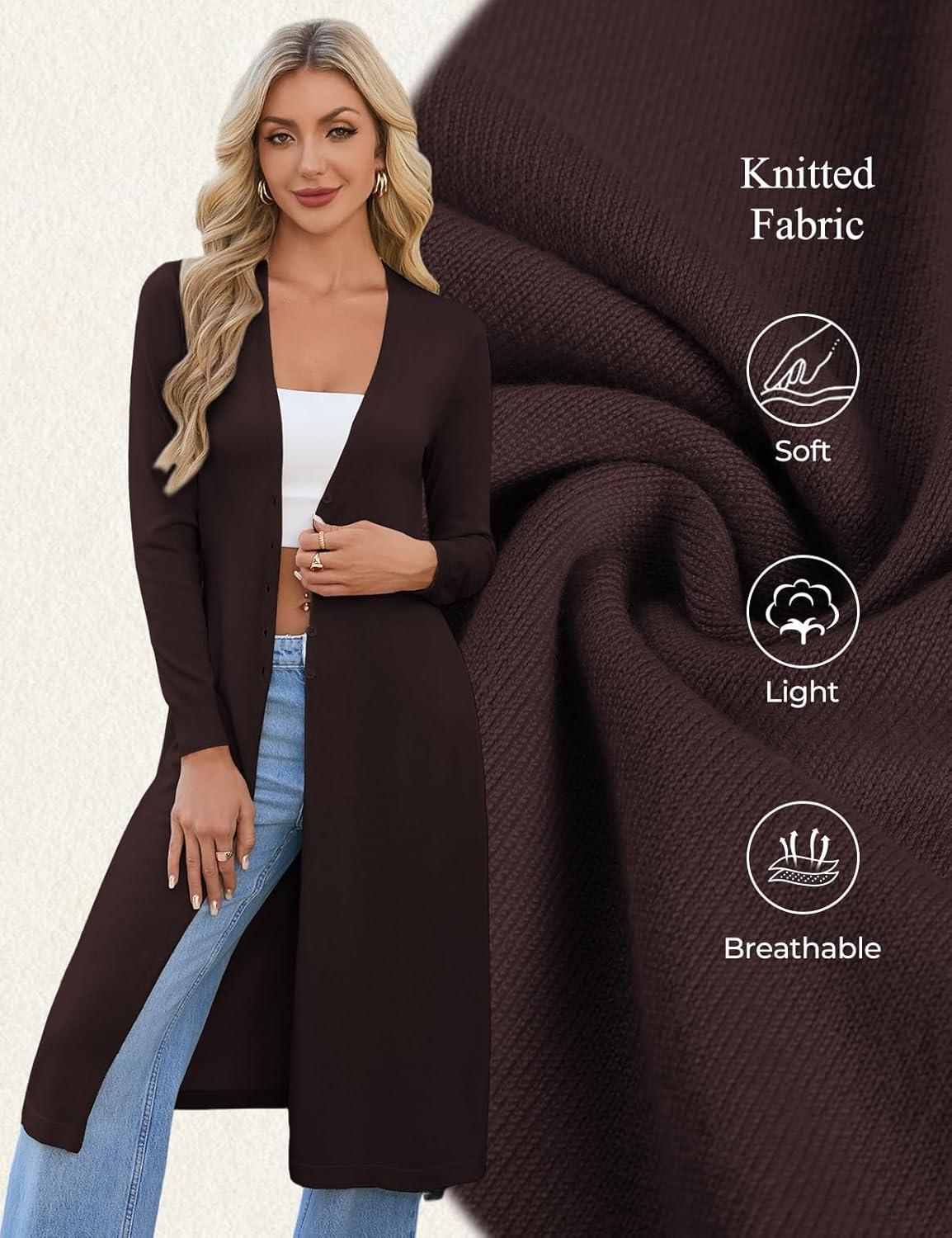 imageGRACE KARIN Womens Long Cardigan Trendy Lightweight Knit Dusters Coat V Neck Button Up Sweater Maxi DressCoffee