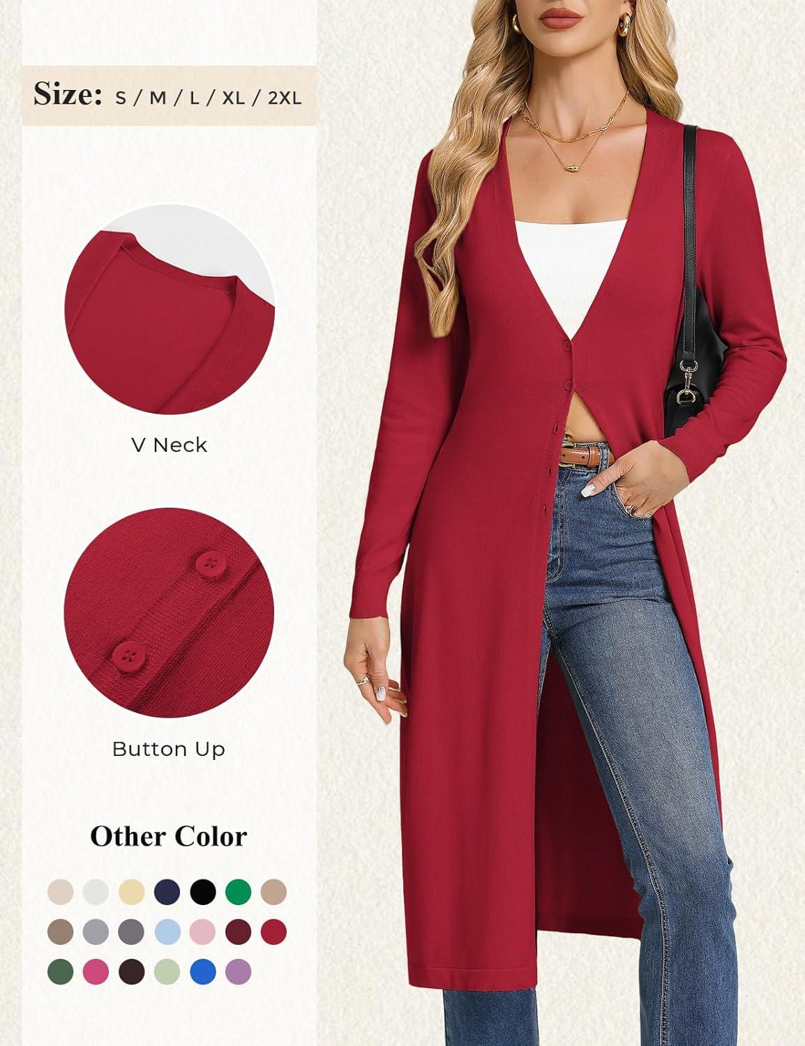 imageGRACE KARIN Womens Long Cardigan Trendy Lightweight Knit Dusters Coat V Neck Button Up Sweater Maxi DressRed