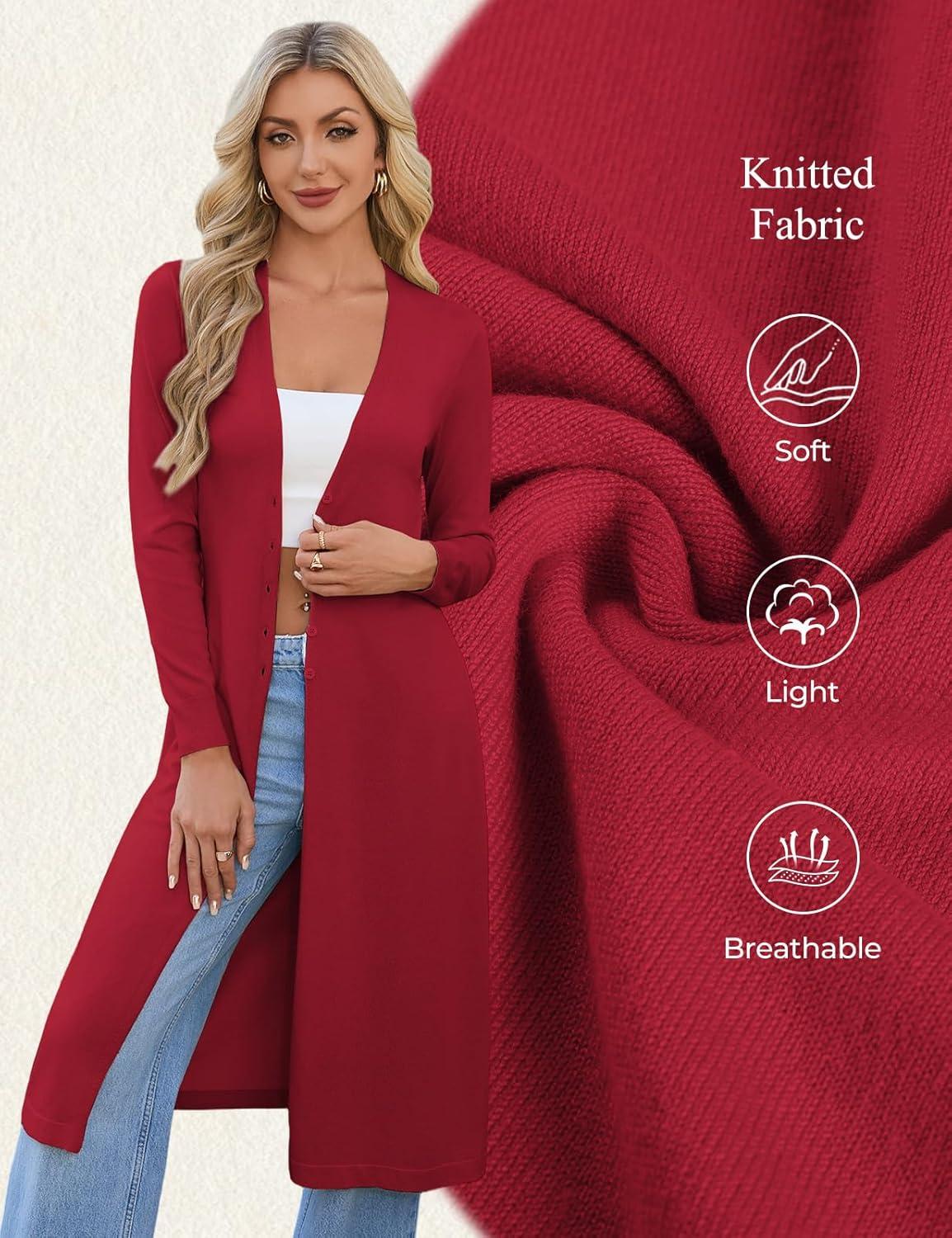 imageGRACE KARIN Womens Long Cardigan Trendy Lightweight Knit Dusters Coat V Neck Button Up Sweater Maxi DressRed
