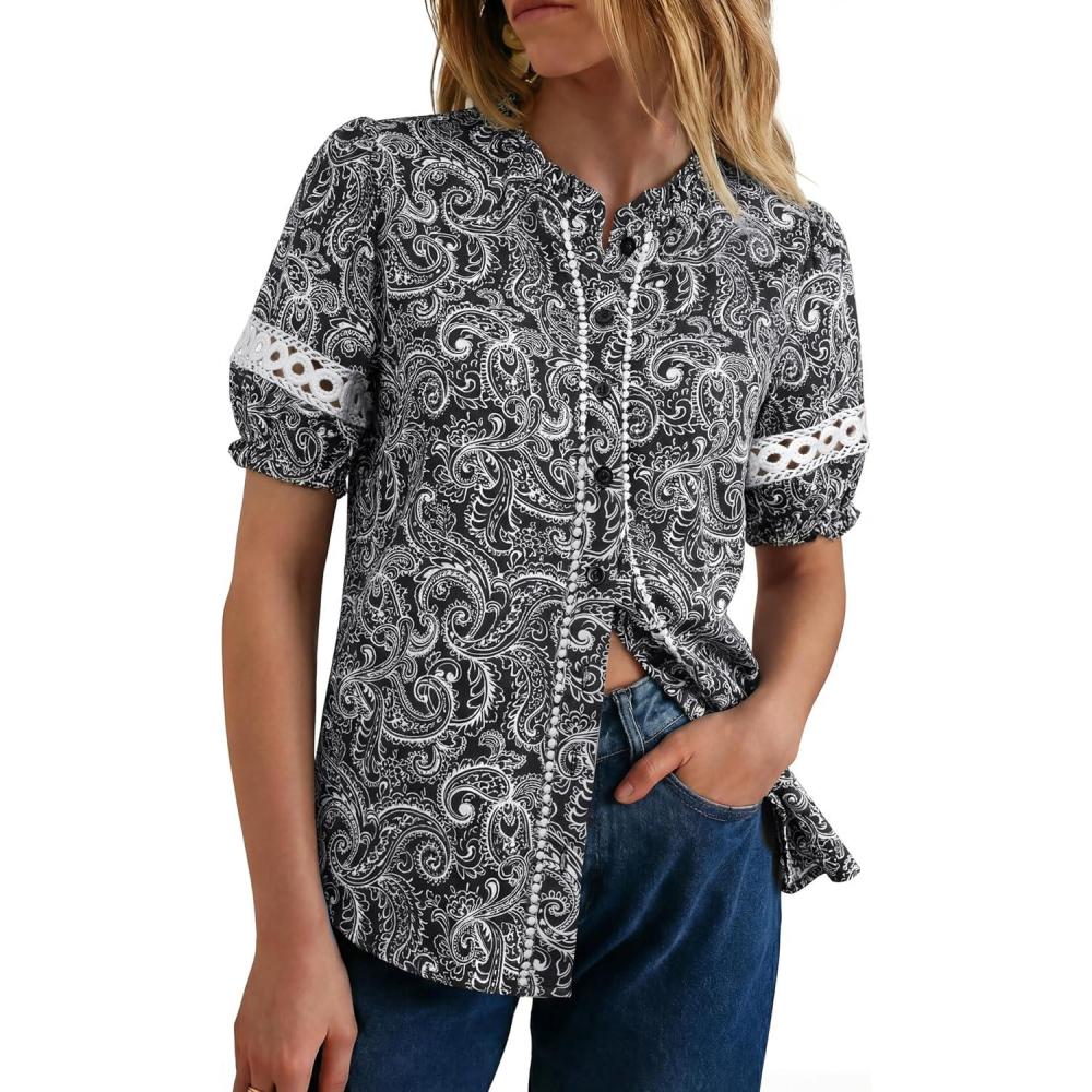 imageGRACE KARIN Women Boho Floral Tops Summer Short Eyelet Sleeve Dressy Casual Shirts Spring Button Down Blouse 2026 TrendyBlack