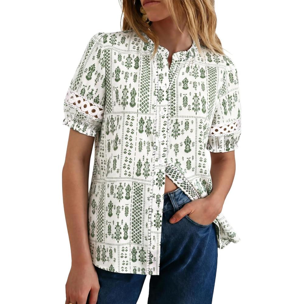 imageGRACE KARIN Women Boho Floral Tops Summer Short Eyelet Sleeve Dressy Casual Shirts Spring Button Down Blouse 2026 TrendyLight Green