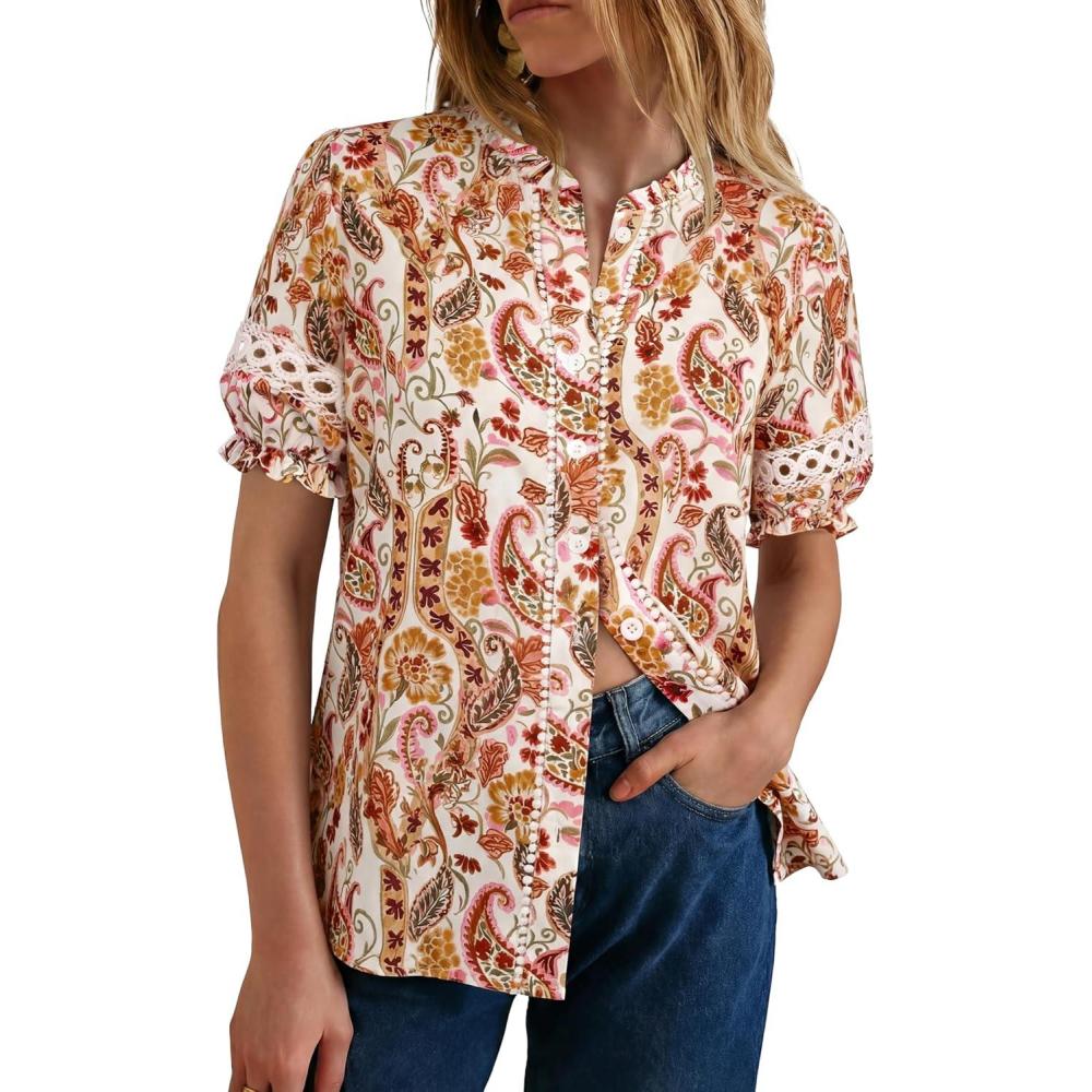 imageGRACE KARIN Women Boho Floral Tops Summer Short Eyelet Sleeve Dressy Casual Shirts Spring Button Down Blouse 2026 TrendyRed Orange