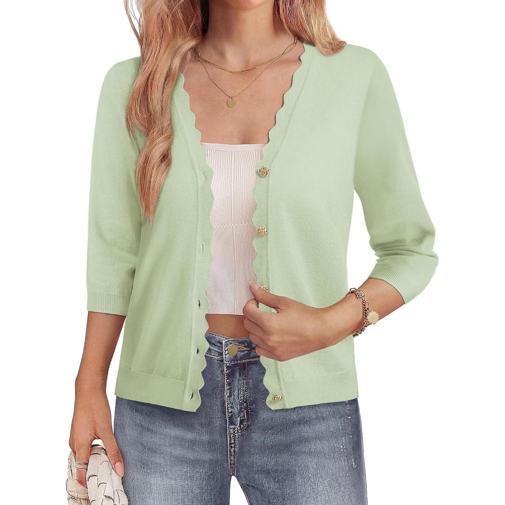 imageGRACE KARIN Womens 34 Sleeve V Neck Button Down Lightweight Cardigan Sweater Open Front Dressy Shrugs Spring FashionBean Green