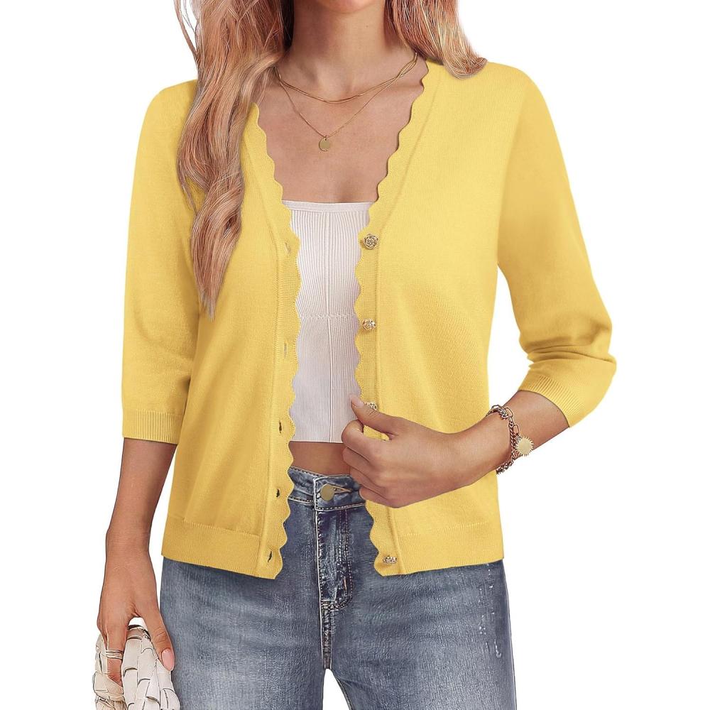 imageGRACE KARIN Womens 34 Sleeve V Neck Button Down Lightweight Cardigan Sweater Open Front Dressy Shrugs Spring FashionBright Yellow
