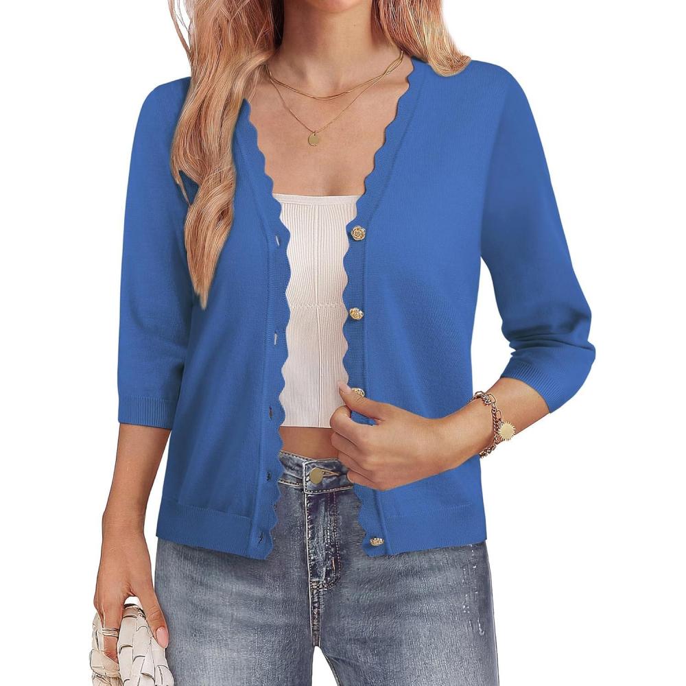 imageGRACE KARIN Womens 34 Sleeve V Neck Button Down Lightweight Cardigan Sweater Open Front Dressy Shrugs Spring FashionDenim Blue