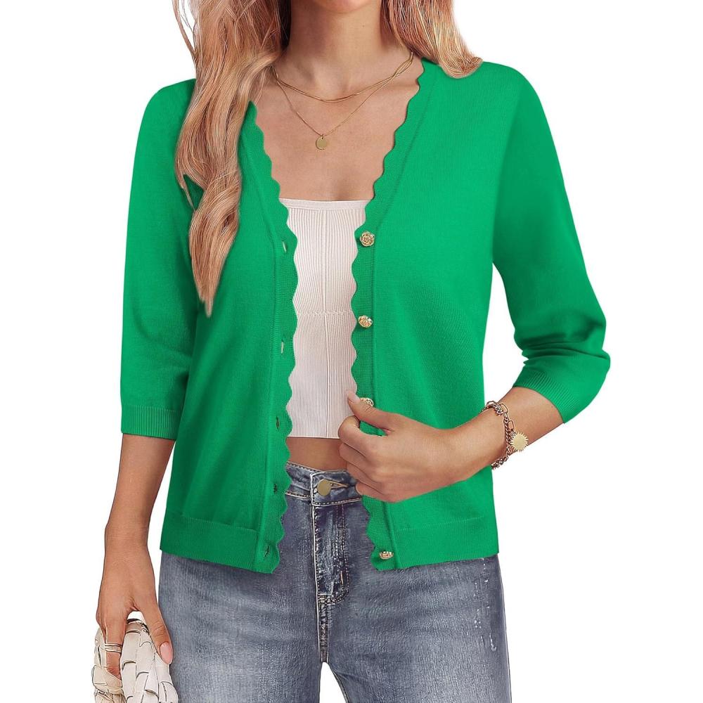 imageGRACE KARIN Womens 34 Sleeve V Neck Button Down Lightweight Cardigan Sweater Open Front Dressy Shrugs Spring FashionGreen