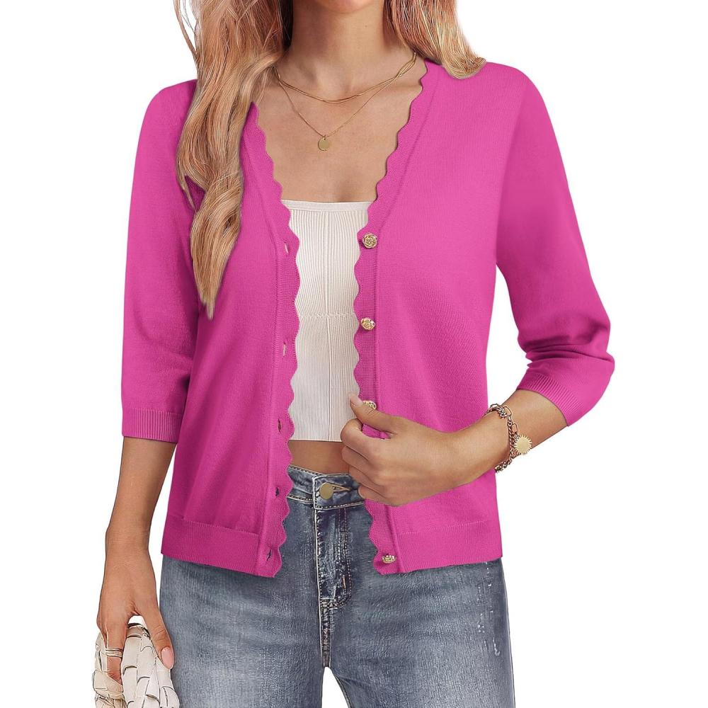 imageGRACE KARIN Womens 34 Sleeve V Neck Button Down Lightweight Cardigan Sweater Open Front Dressy Shrugs Spring FashionHot Pink