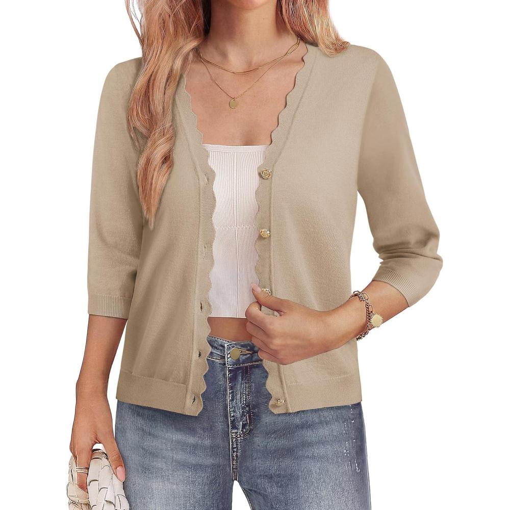 imageGRACE KARIN Womens 34 Sleeve V Neck Button Down Lightweight Cardigan Sweater Open Front Dressy Shrugs Spring FashionKhaki
