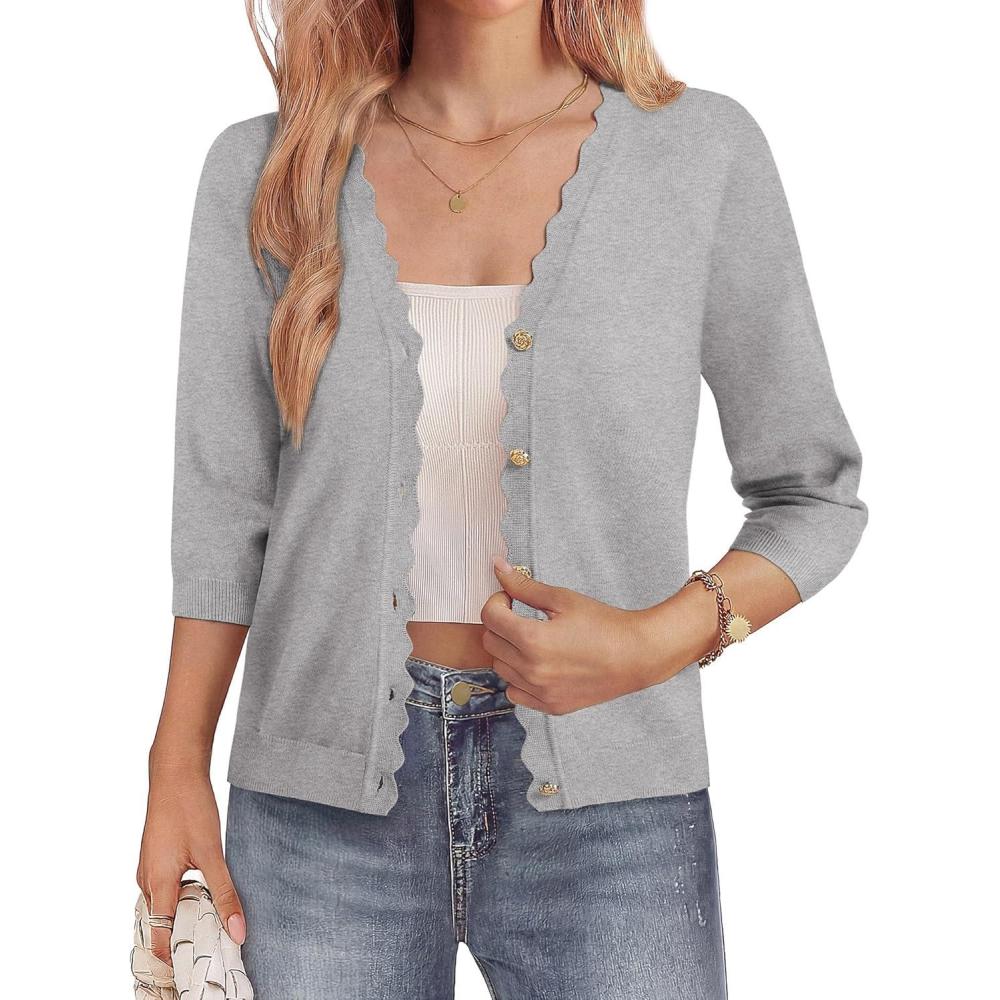 imageGRACE KARIN Womens 34 Sleeve V Neck Button Down Lightweight Cardigan Sweater Open Front Dressy Shrugs Spring FashionLight Gray