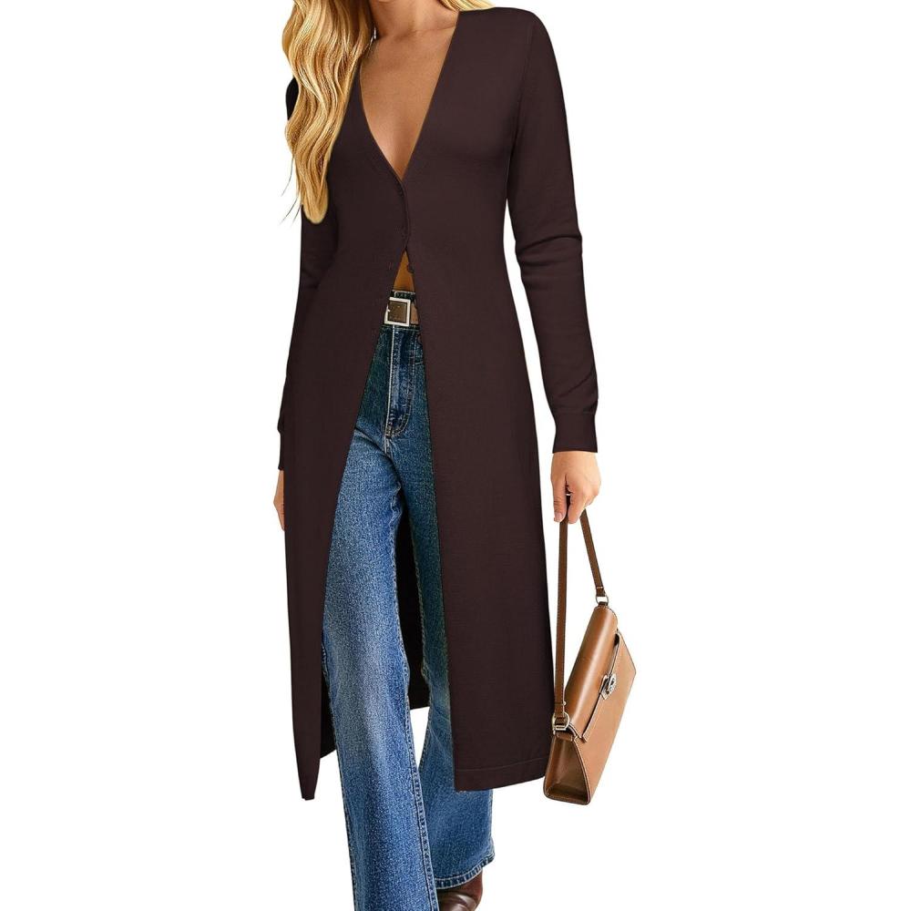 imageGRACE KARIN Womens Long Cardigan Trendy Lightweight Knit Dusters Coat V Neck Button Up Sweater Maxi DressCoffee