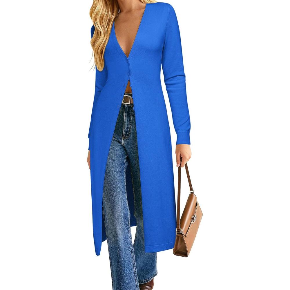 imageGRACE KARIN Womens Long Cardigan Trendy Lightweight Knit Dusters Coat V Neck Button Up Sweater Maxi DressRoyal Blue
